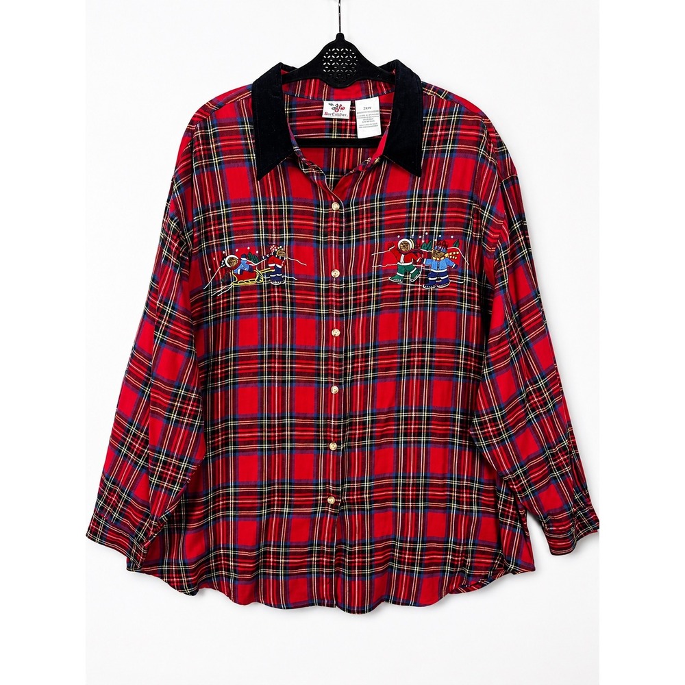 Vtg Nutcracker Plus Plaid Christmas Shirt Velvet Collar Embroidered Bears 26W 3X